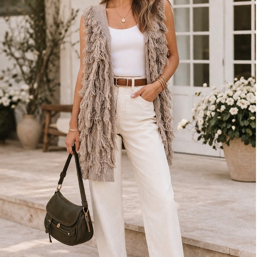 Love Tree Beige Boho Fringe Knit Vest‎ Cardigan Open Front Women's Small